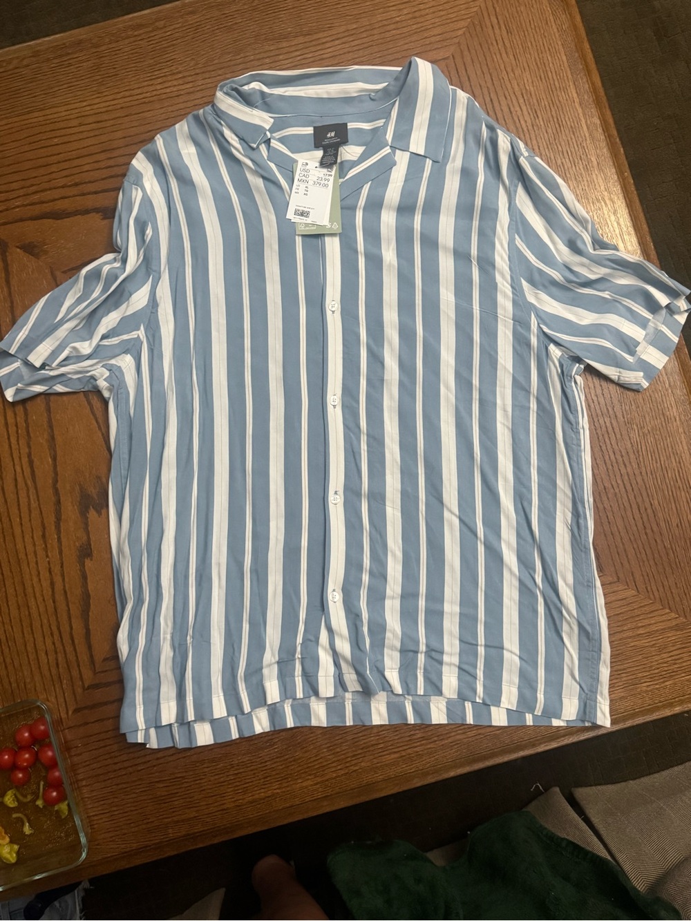 H&M Blue and White Vertical Stripe Short Sleeve Shirt
